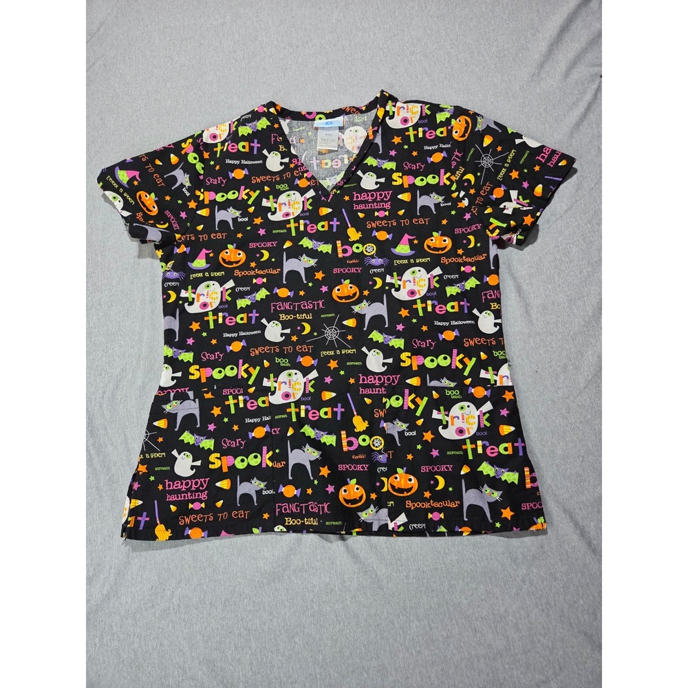 SB Scrubs Halloween Ghost Pumpkin Black Cat V-Neck Scrub Top Womens Small